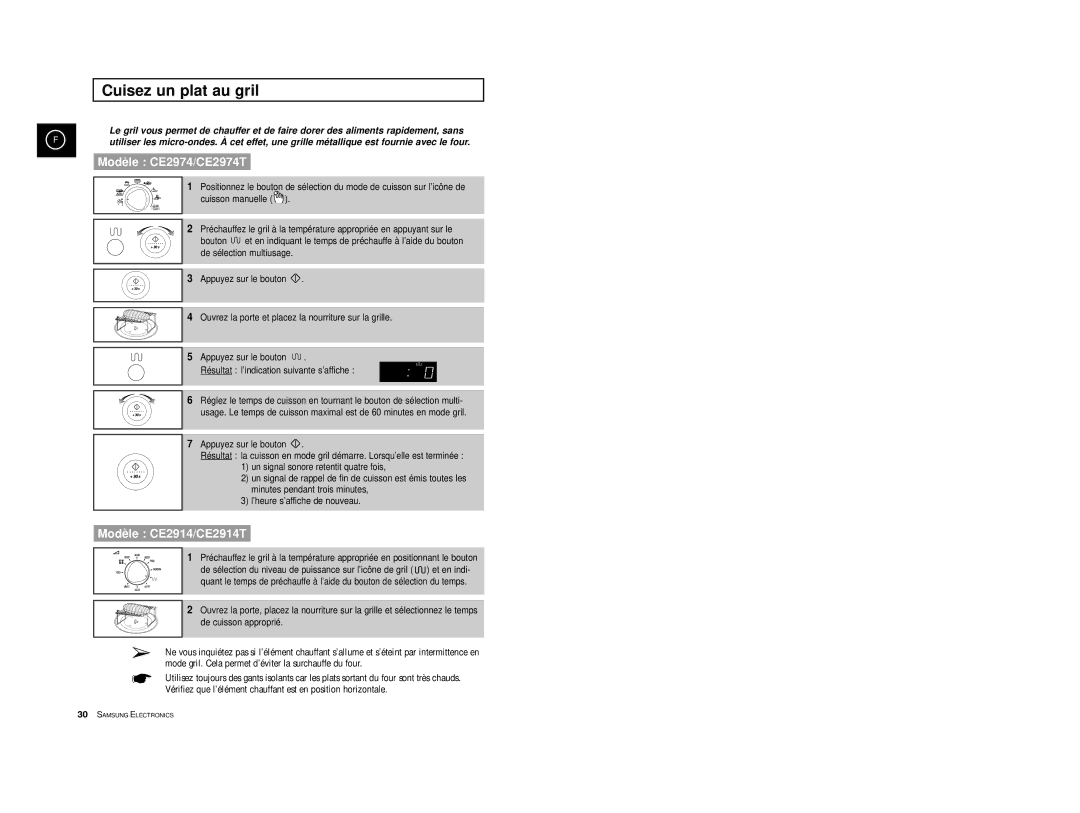 Samsung CE2914T/XEF, CE2974/XEF, CE2974T/XEF manual Cuisez un plat au gril, Résultat l’indication suivante s’affiche 