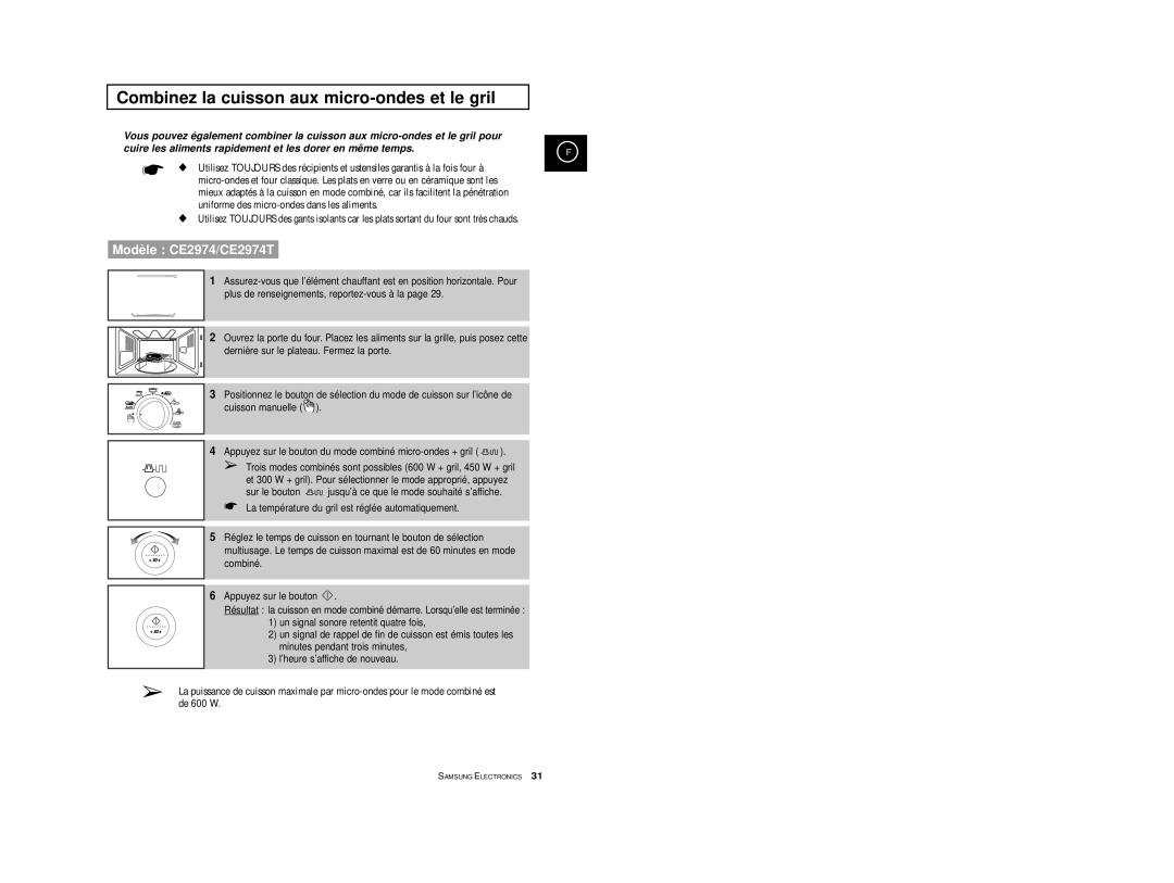 Samsung CE2974/XEF, CE2914T/XEF, CE2974T/XEF manual Combinez la cuisson aux micro-ondes et le gril 