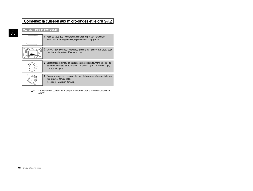 Samsung CE2974T/XEF, CE2914T/XEF, CE2974/XEF manual Combinez la cuisson aux micro-ondes et le gril suite 