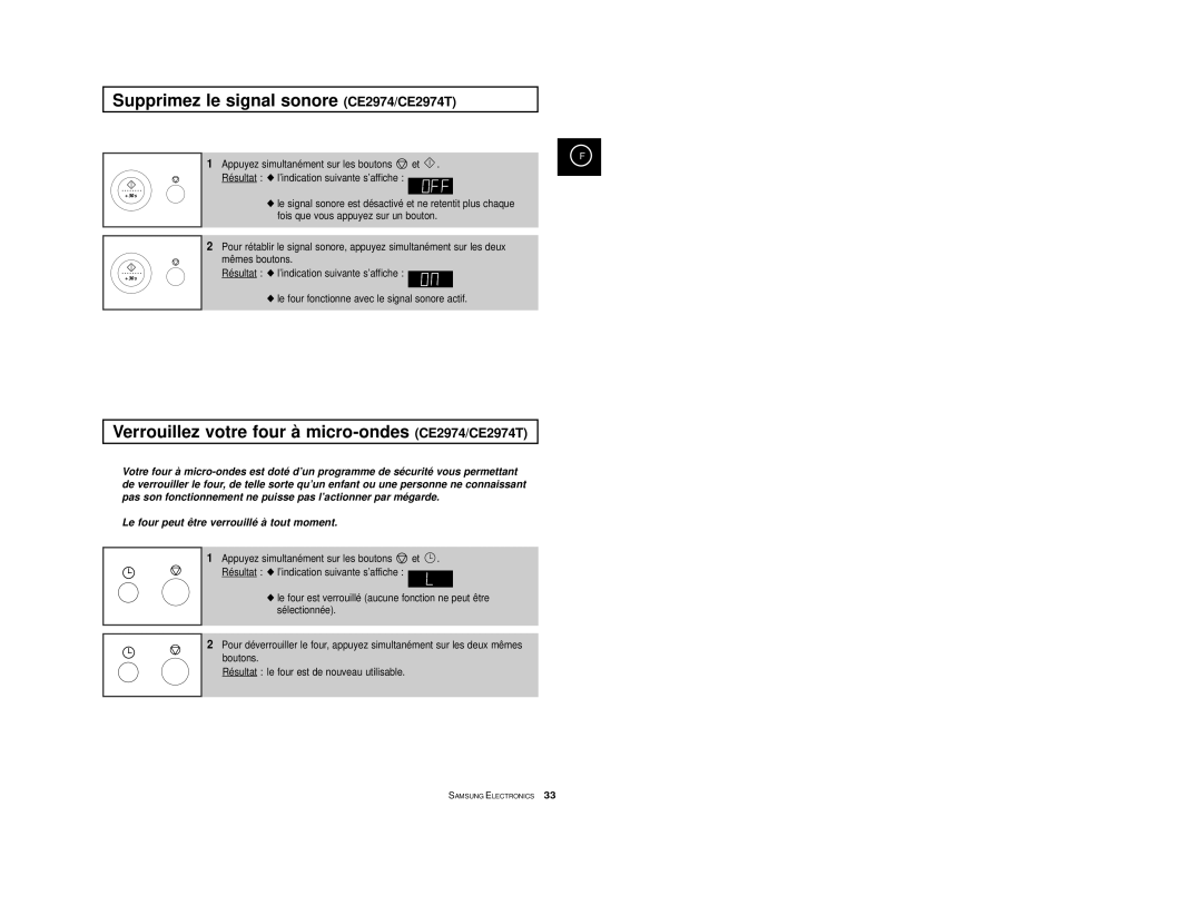 Samsung CE2914T/XEF manual Supprimez le signal sonore CE2974/CE2974T, Verrouillez votre four à micro-ondes CE2974/CE2974T 