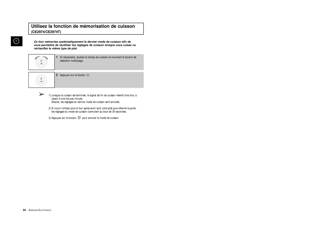 Samsung CE2974/XEF, CE2914T/XEF, CE2974T/XEF manual Utilisez la fonction de mé morisation de cuisson, CE2974/CE2974T 