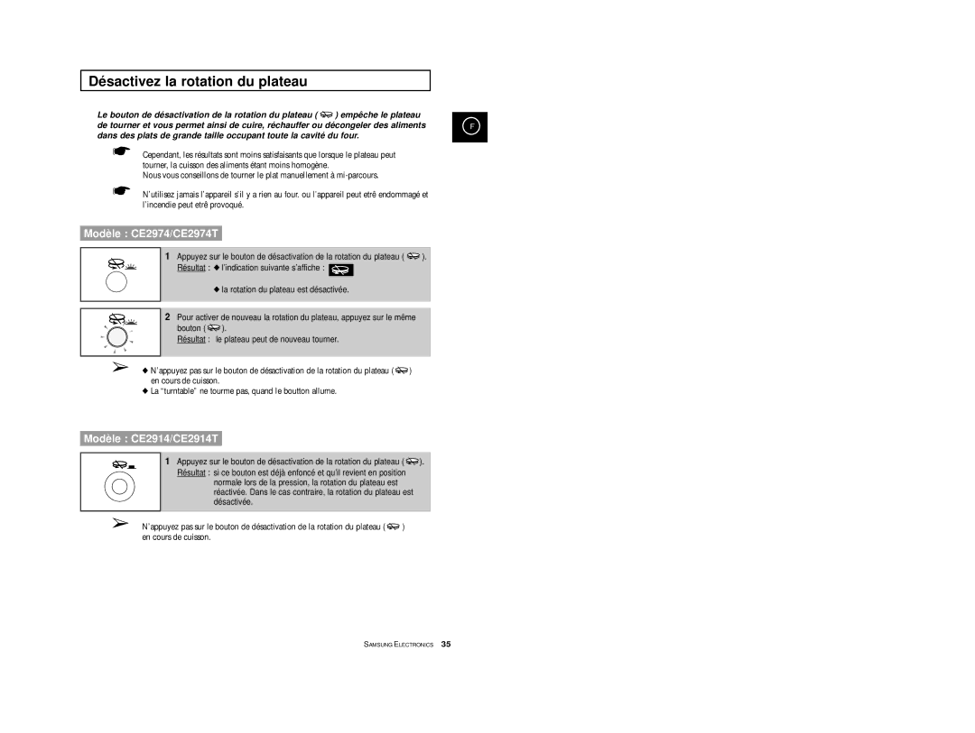 Samsung CE2974T/XEF, CE2914T/XEF, CE2974/XEF manual Dé sactivez la rotation du plateau 