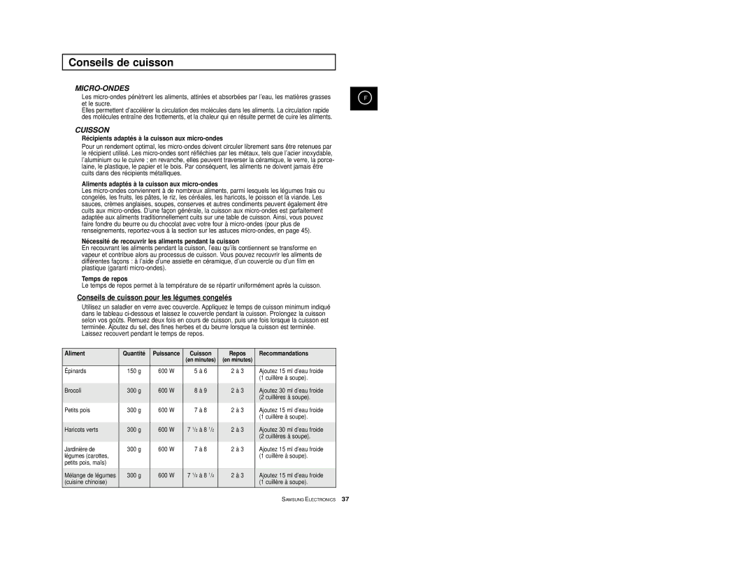 Samsung CE2974/XEF, CE2914T/XEF, CE2974T/XEF manual Conseils de cuisson pour les légumes congelés 