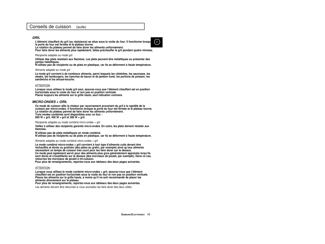 Samsung CE2914T/XEF, CE2974/XEF, CE2974T/XEF manual Récipients adaptés au mode gril, Aliments adaptés au mode gril 