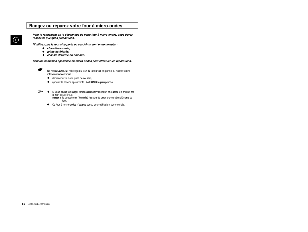 Samsung CE2974T/XEF, CE2914T/XEF, CE2974/XEF manual Rangez ou ré parez votre four à micro-ondes 