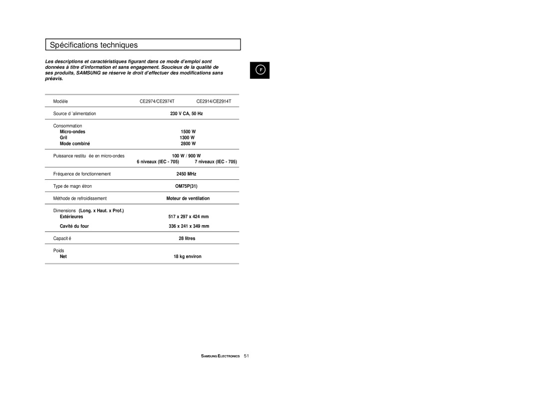 Samsung CE2914T/XEF, CE2974/XEF, CE2974T/XEF manual Spé cifications techniques 