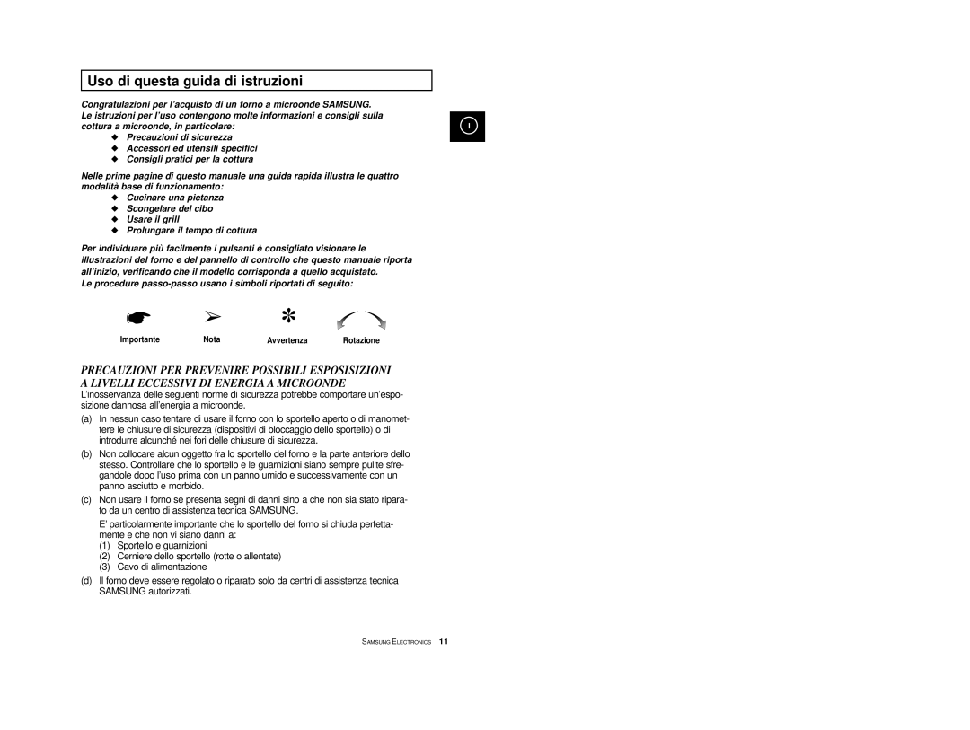 Samsung CE2974T/XEH, CE2914T/XET, CE2914-S/XET Uso di questa guida di istruzioni, Importante Nota Avvertenza, Rotazione 