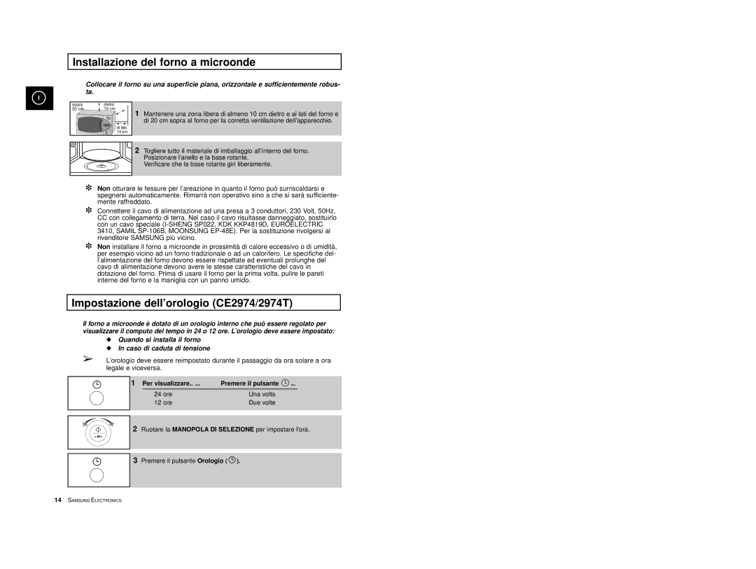 Samsung CE2914-S/XET, CE2914T/XET, CE2914/XET Installazione del forno a microonde, Impostazione dell’orologio CE2974/2974T 