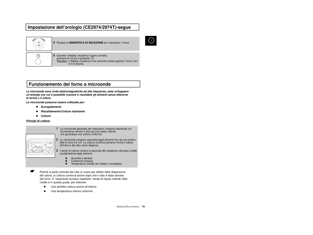 Samsung CE2974-1S/XET, CE2914T/XET manual Impostazione dell’orologio CE2974/2974T-segue, Funzionamento del forno a microonde 