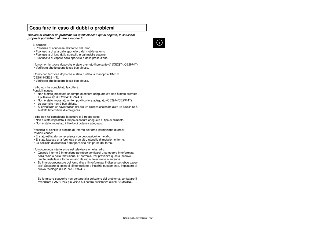Samsung CE2974-1/XET, CE2914T/XET, CE2914-S/XET, CE2974-1S/XET, CE2914/XET, CE2974T/XET Cosa fare in caso di dubbi o problemi 