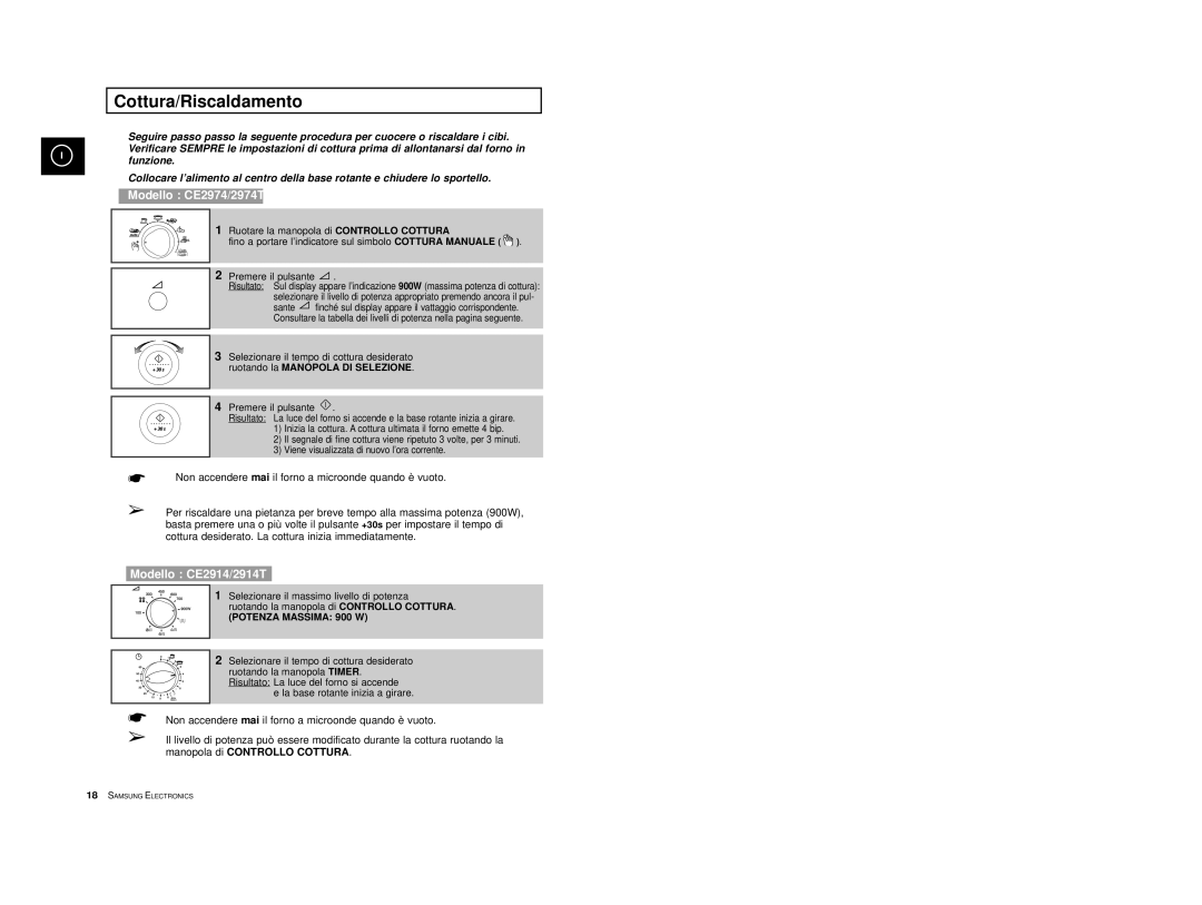 Samsung CE2974T-1/XET, CE2914T/XET, CE2914-S/XET, CE2974-1S/XET, CE2914/XET manual Cottura/Riscaldamento, Modello CE2974/2974T 