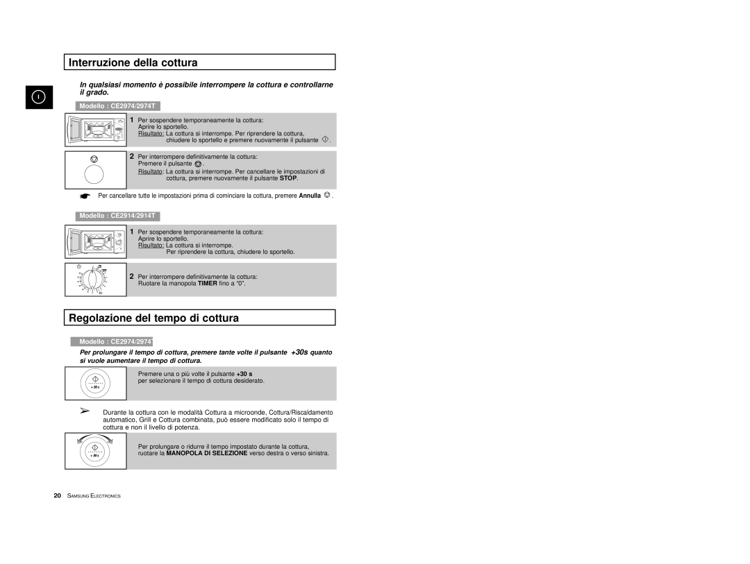 Samsung CE2974-S/XET, CE2914T/XET, CE2914-S/XET, CE2974-1S/XET Interruzione della cottura, Regolazione del tempo di cottura 
