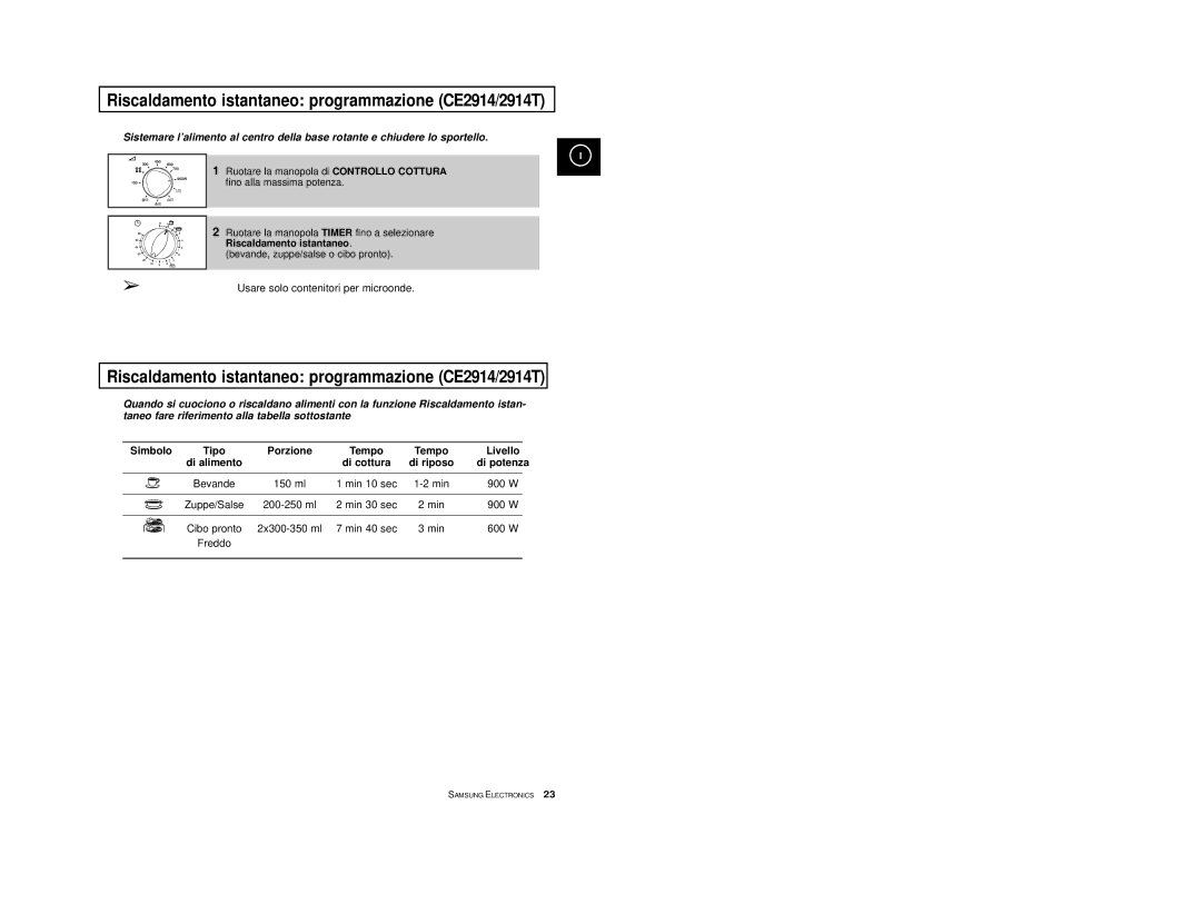 Samsung CE2974-S/XEC, CE2914T/XET, CE2914-S/XET, CE2974-1S/XET Riscaldamento istantaneo programmazione CE2914/2914T, Simbolo 