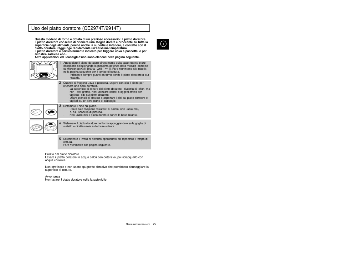 Samsung CE2914-S/XET, CE2914T/XET, CE2974-1S/XET manual Uso del piatto doratore CE2974T/2914T, Pulizia del piatto doratore 