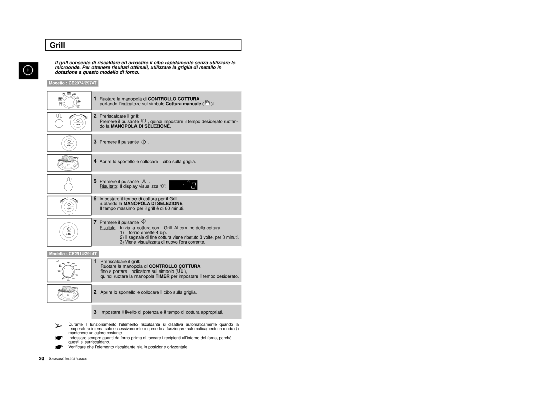 Samsung CE2974-1/XET, CE2914T/XET, CE2914-S/XET, CE2974-1S/XET, CE2914/XET manual Grill, Dotazione a questo modello di forno 