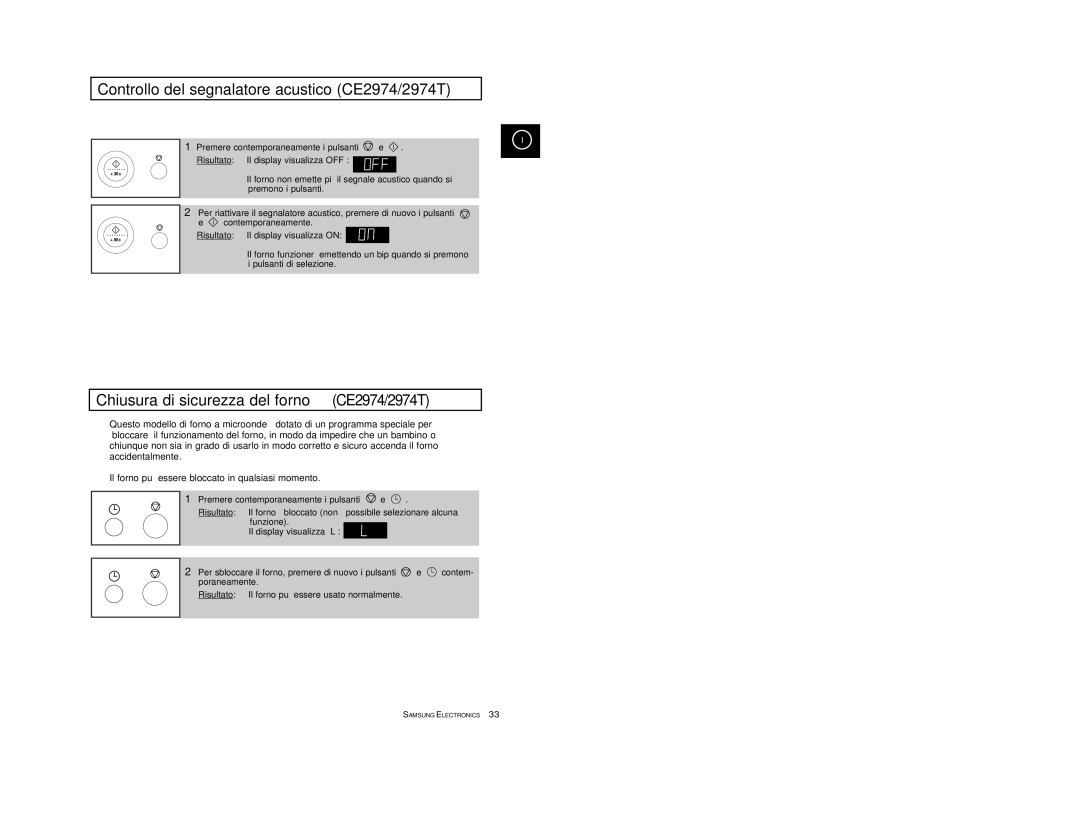 Samsung CE2974-S/XET manual Controllo del segnalatore acustico CE2974/2974T, Chiusura di sicurezza del forno CE2974/2974T 