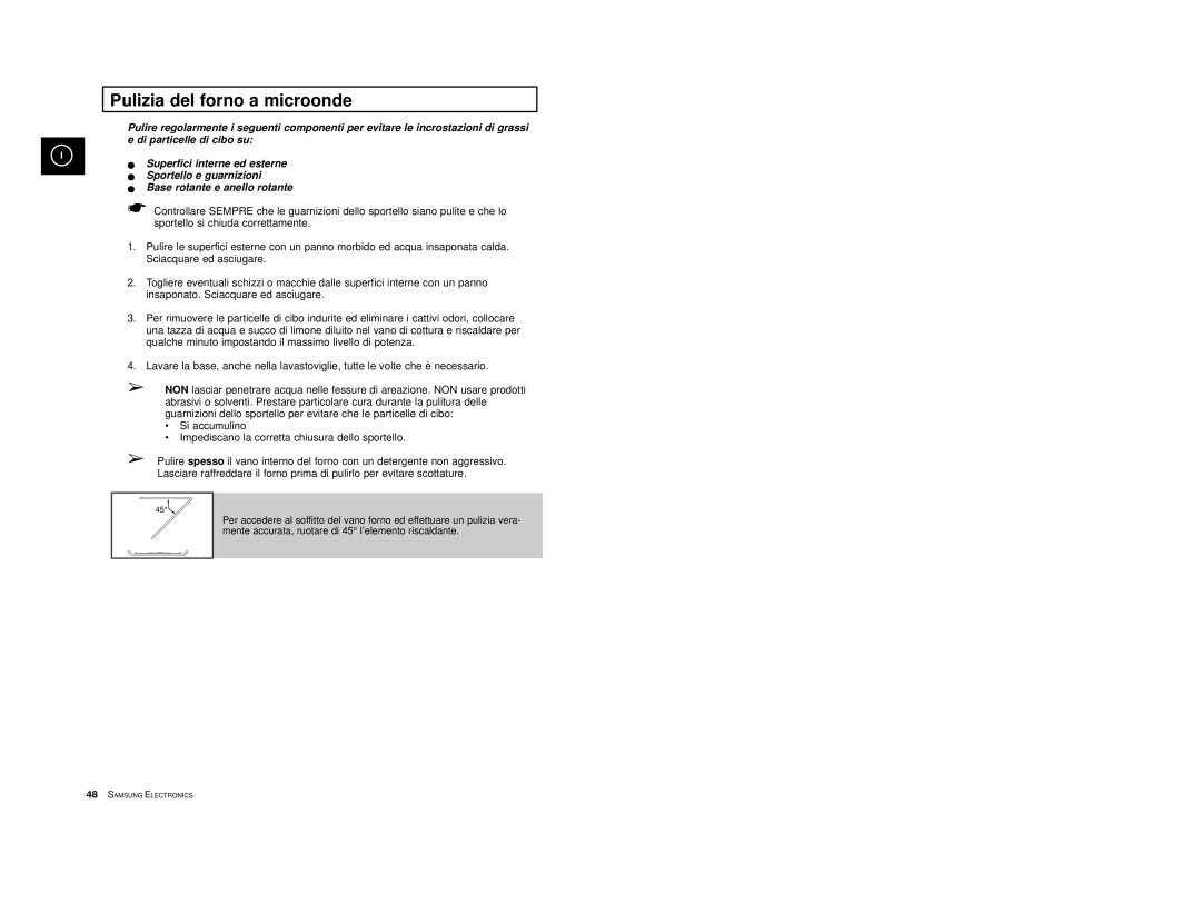 Samsung CE2914/XEC, CE2914T/XET, CE2914-S/XET, CE2974-1S/XET, CE2914/XET, CE2974-1/XET manual Pulizia del forno a microonde 