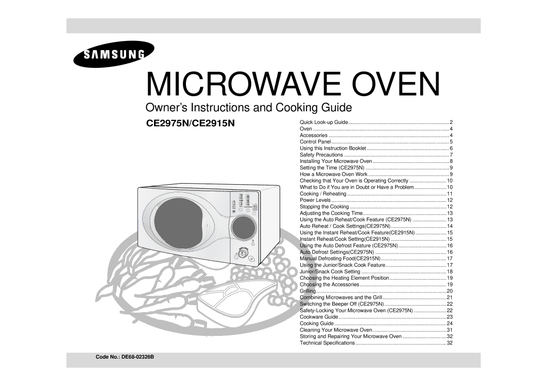 Samsung CE2915N/XSV manual Using the Instant Reheat/Cook FeatureCE2915N, Choosing the Heating Element Position 