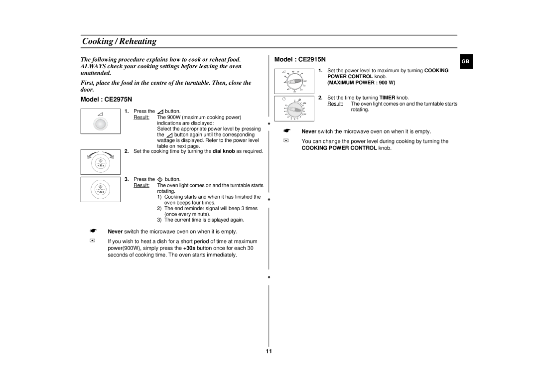 Samsung CE2915N/XSV manual Cooking / Reheating, Maximum Power 900 W 