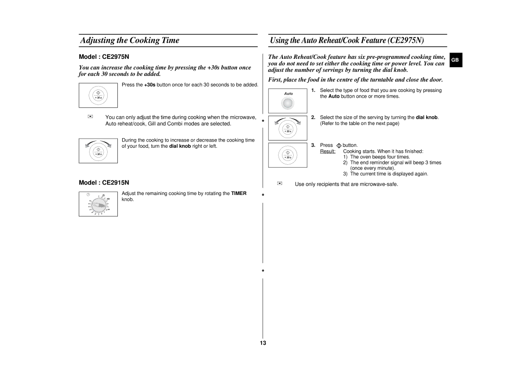 Samsung CE2915N/XSV manual Adjusting the Cooking Time, Adjust the remaining cooking time by rotating the Timer knob 