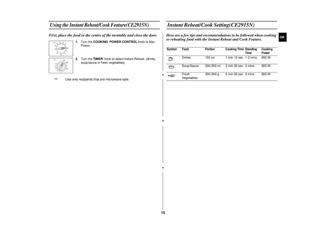 Samsung CE2915N/XSV manual Instant Reheat/Cook SettingCE2915N, Turn the Cooking Power Control knob to Max Power 