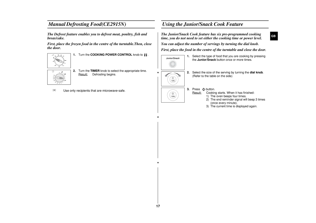 Samsung CE2915N/XSV manual Manual Defrosting FoodCE2915N, Using the Junior/Snack Cook Feature 