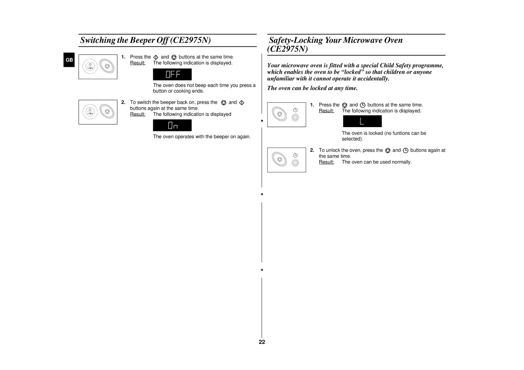 Samsung CE2915N/XSV manual Switching the Beeper Off CE2975N, Safety-Locking Your Microwave Oven CE2975N 