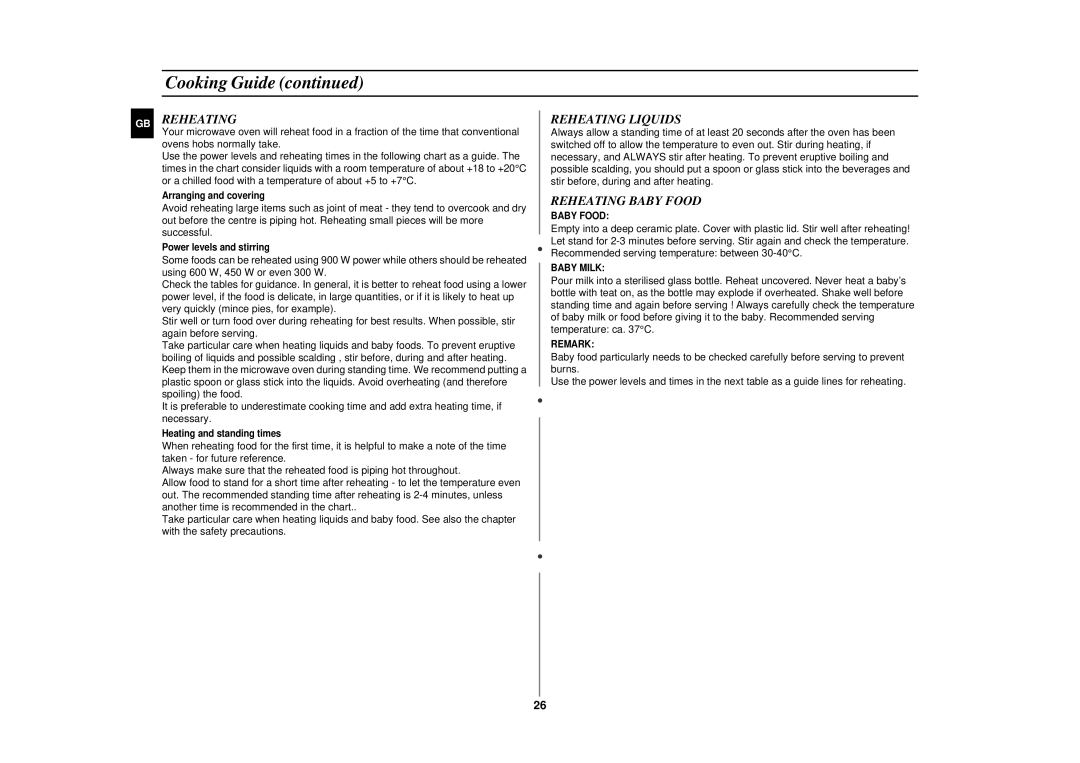 Samsung CE2915N/XSV manual Reheating Liquids, Reheating Baby Food 