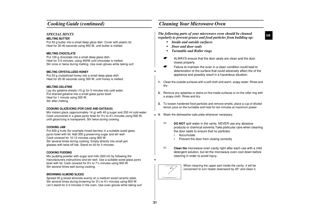 Samsung CE2915N/XSV manual Cleaning Your Microwave Oven, Special Hints 