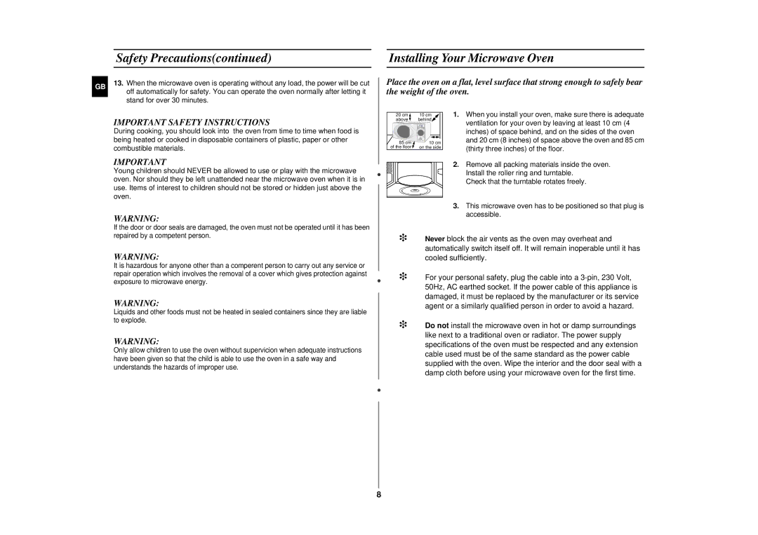 Samsung CE2915N/XSV manual Installing Your Microwave Oven, Important Safety Instructions, Stand for over 30 minutes 