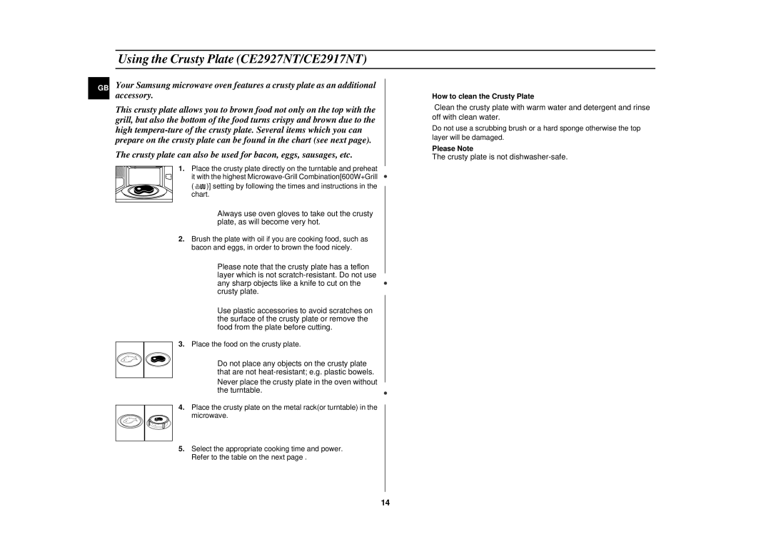 Samsung CE2917N-5/BOL, CE2917N/BOL Using the Crusty Plate CE2927NT/CE2917NT, How to clean the Crusty Plate, Please Note 