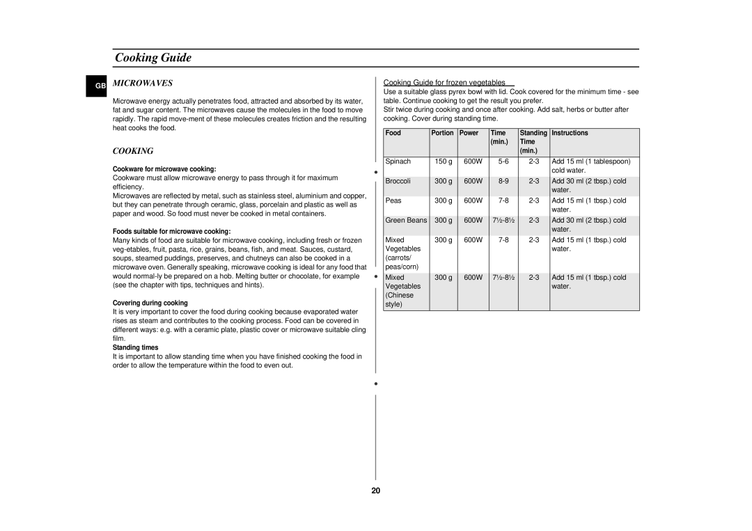 Samsung CE2917N-5/BOL, CE2917N/BOL manual GB Microwaves, Cooking Guide for frozen vegetables 