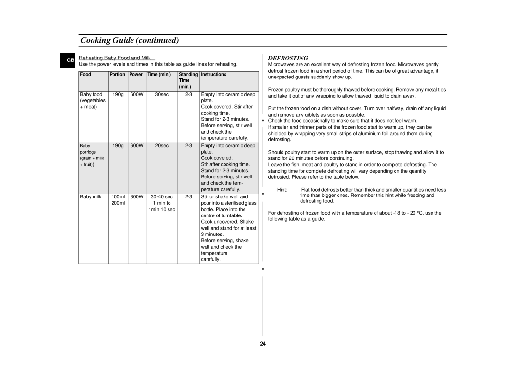 Samsung CE2917N-5/BOL, CE2917N/BOL manual Defrosting, Reheating Baby Food and Milk 