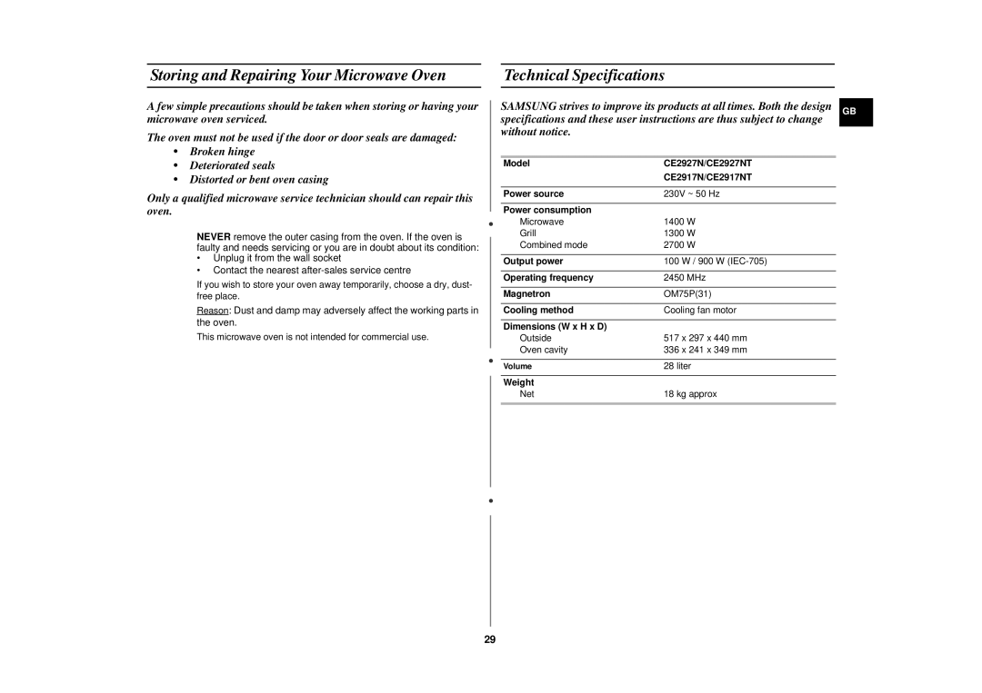 Samsung CE2917N/BOL, CE2917N-5/BOL manual Storing and Repairing Your Microwave Oven, Technical Specifications 