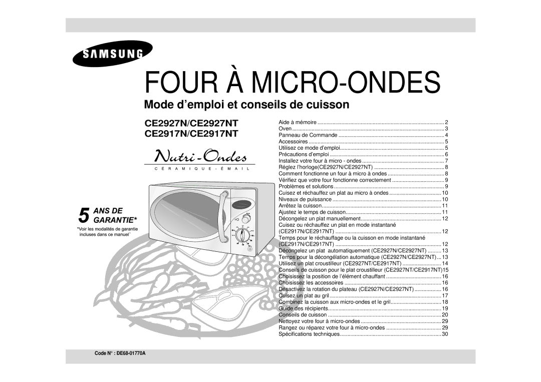 Samsung CE2927NT/XEF, CE2917NT/XEF, CE2927NT-Y/XEF, CE2927N/XEF manual Four À MICRO-ONDES 