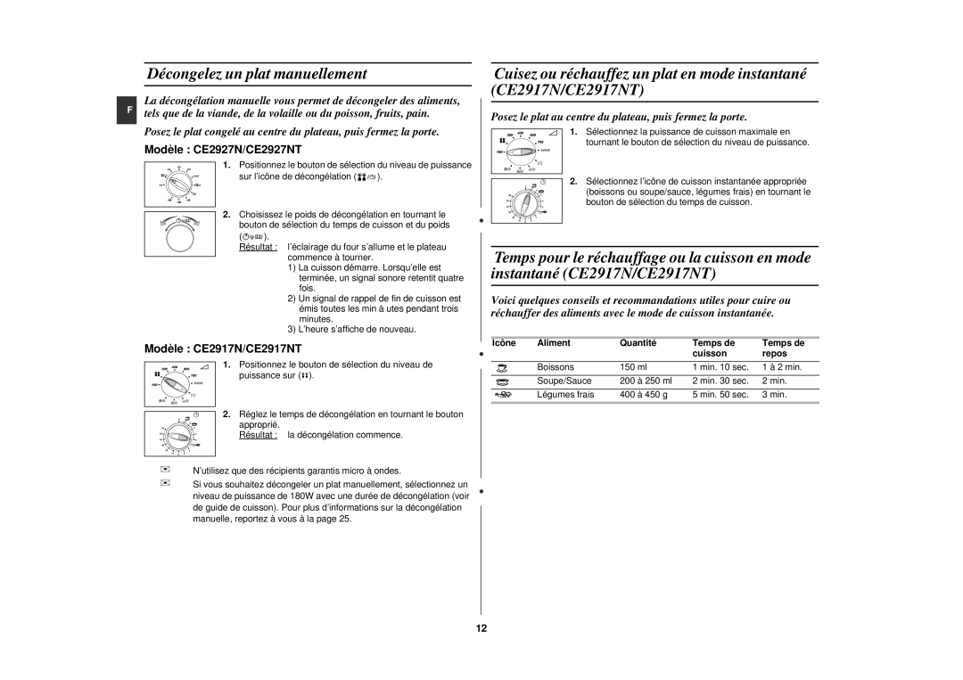 Samsung CE2917NT/XEF, CE2927NT/XEF manual Décongelez un plat manuellement, Icône Aliment Quantité Temps de, Cuisson Repos 