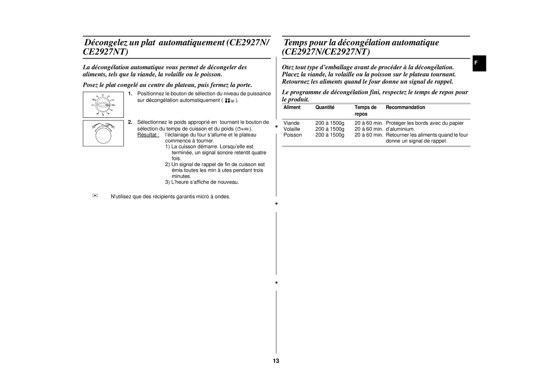 Samsung CE2927NT/XEF, CE2917NT/XEF, CE2927NT-Y/XEF, CE2927N/XEF manual Décongelez un plat automatiquement CE2927N/ CE2927NT 