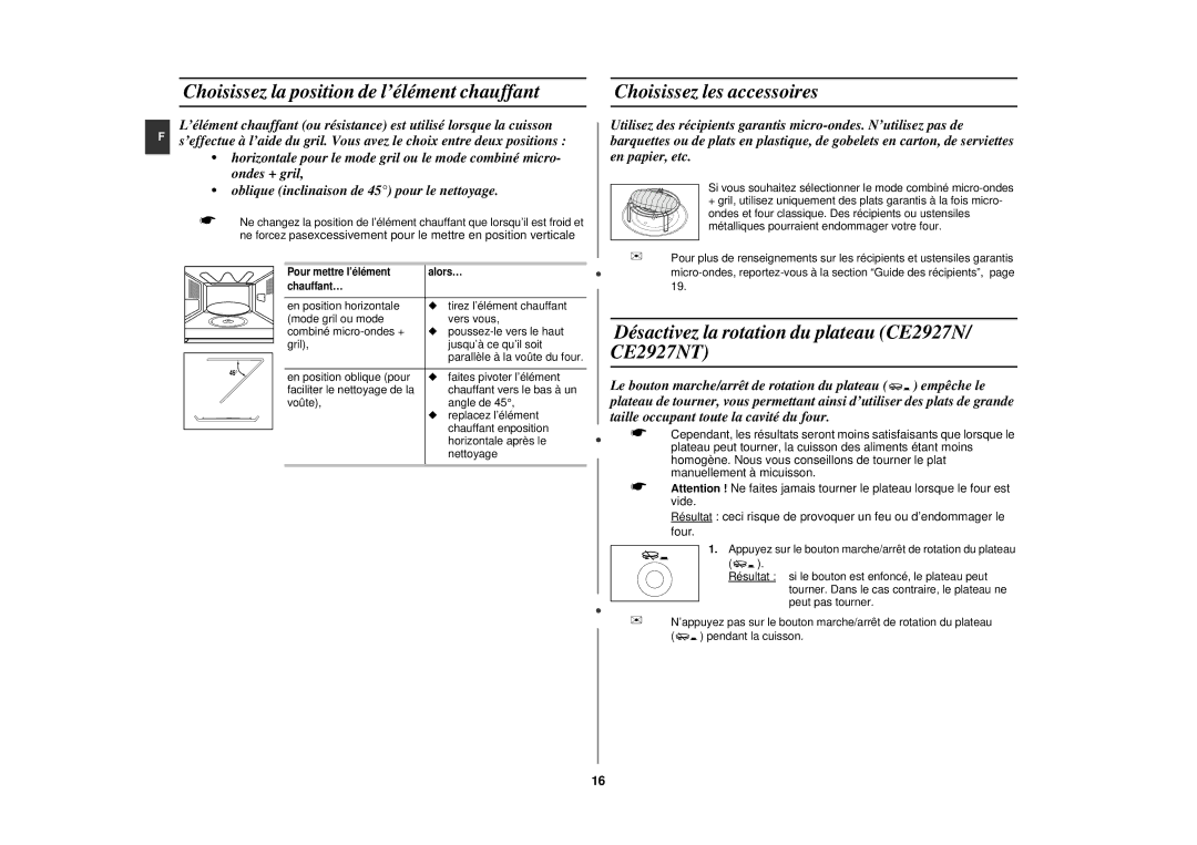 Samsung CE2917NT/XEF, CE2927NT/XEF, CE2927N/XEF Choisissez la position de l’élément chauffant, Choisissez les accessoires 