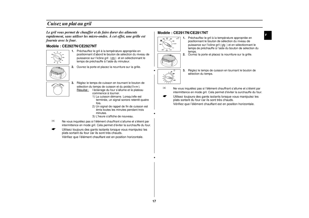 Samsung CE2927NT/XEF, CE2917NT/XEF, CE2927NT-Y/XEF, CE2927N/XEF manual Cuisez un plat au gril 