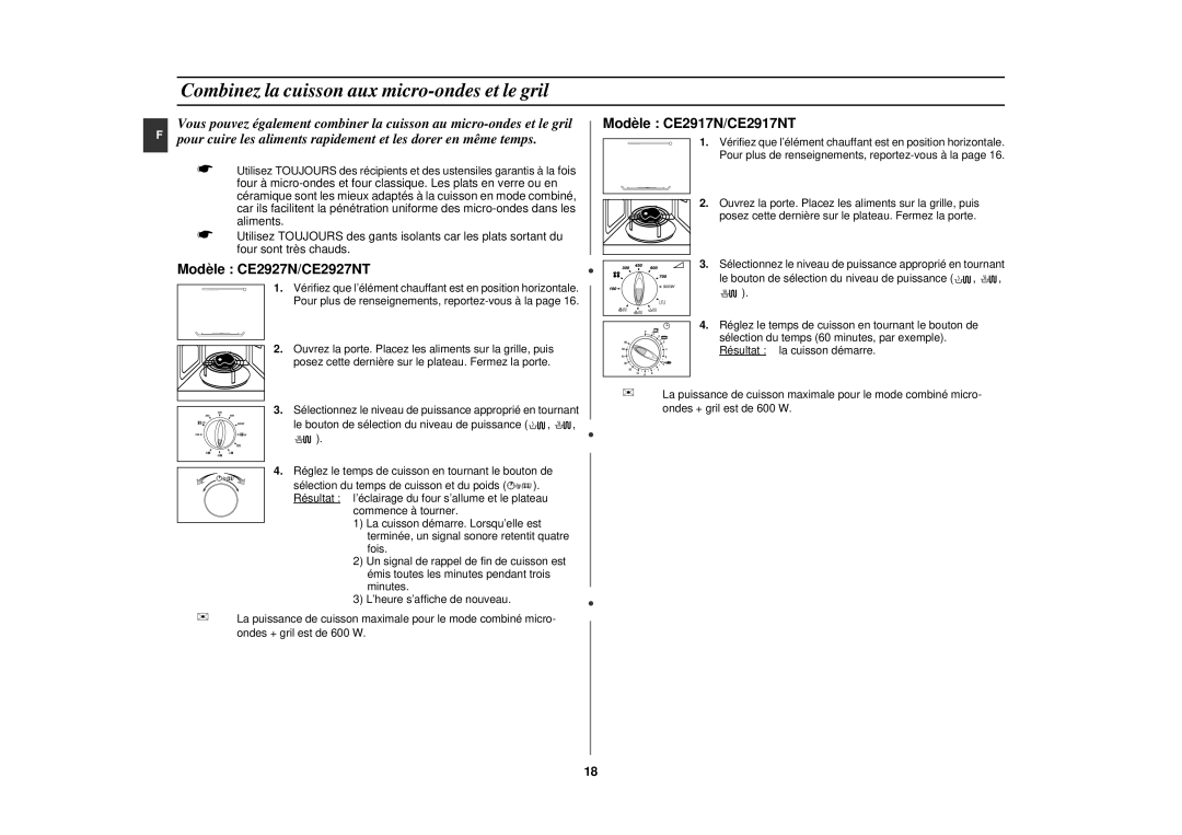 Samsung CE2927NT-Y/XEF, CE2917NT/XEF, CE2927NT/XEF, CE2927N/XEF manual Combinez la cuisson aux micro-ondes et le gril 