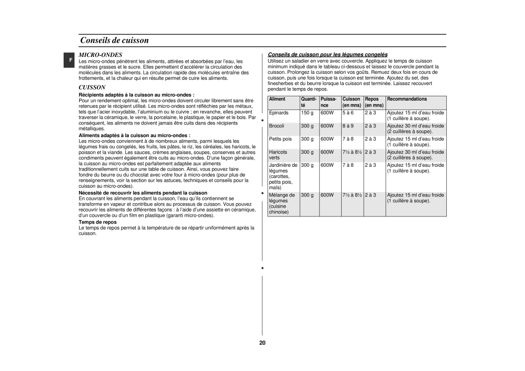 Samsung CE2917NT/XEF, CE2927NT/XEF, CE2927NT-Y/XEF, CE2927N/XEF manual Conseils de cuisson pour les légumes congelés 