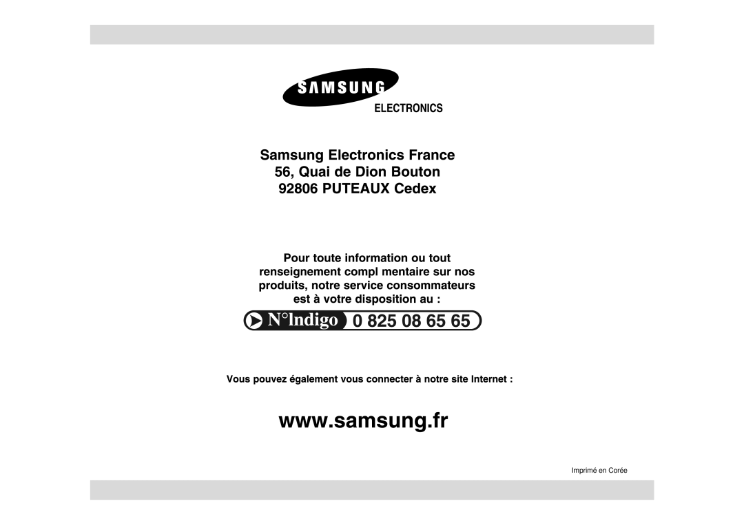 Samsung CE2917NT/XEF, CE2927NT/XEF, CE2927NT-Y/XEF, CE2927N/XEF manual Imprimé en Corée 