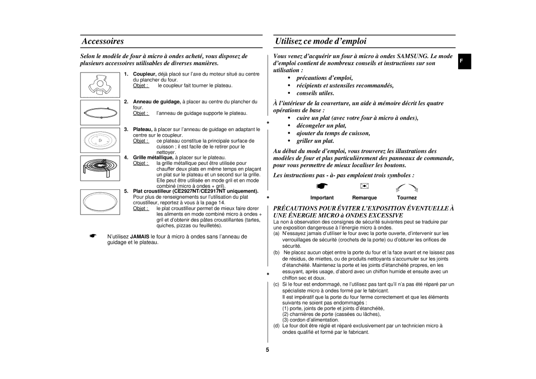 Samsung CE2927NT/XEF, CE2917NT/XEF, CE2927NT-Y/XEF manual Accessoires, Utilisez ce mode d’emploi, Important Remarque Tournez 