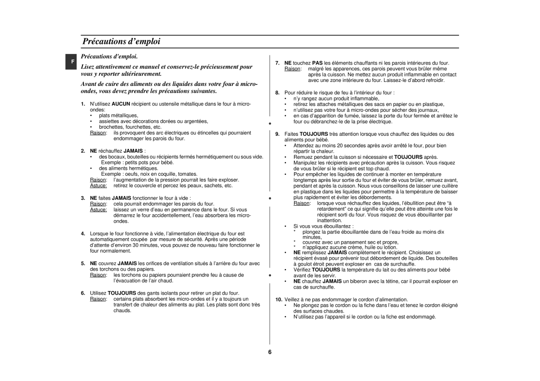 Samsung CE2927NT-Y/XEF, CE2917NT/XEF, CE2927NT/XEF, CE2927N/XEF manual Précautions d’emploi 