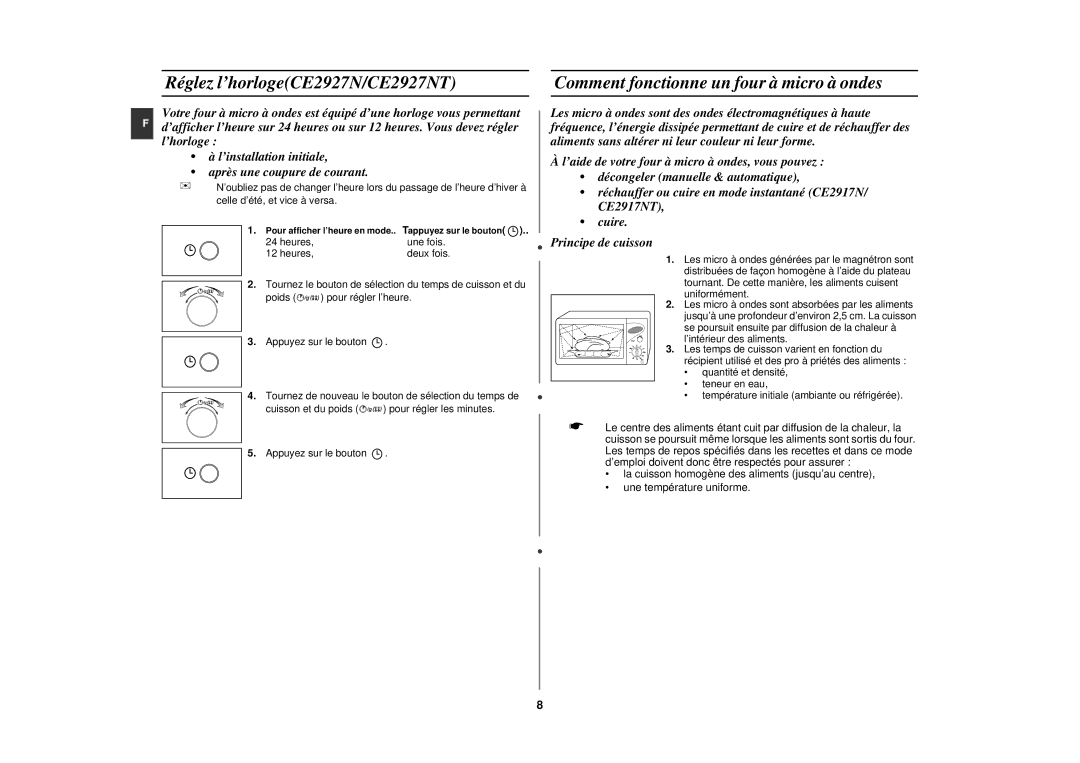 Samsung CE2917NT/XEF, CE2927NT/XEF manual Réglez l’horlogeCE2927N/CE2927NT, Comment fonctionne un four à micro à ondes 