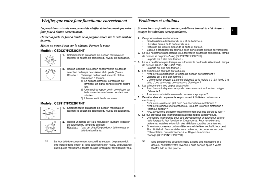 Samsung CE2927NT/XEF, CE2917NT/XEF, CE2927NT-Y/XEF Vérifiez que votre four fonctionne correctement, Problèmes et solutions 