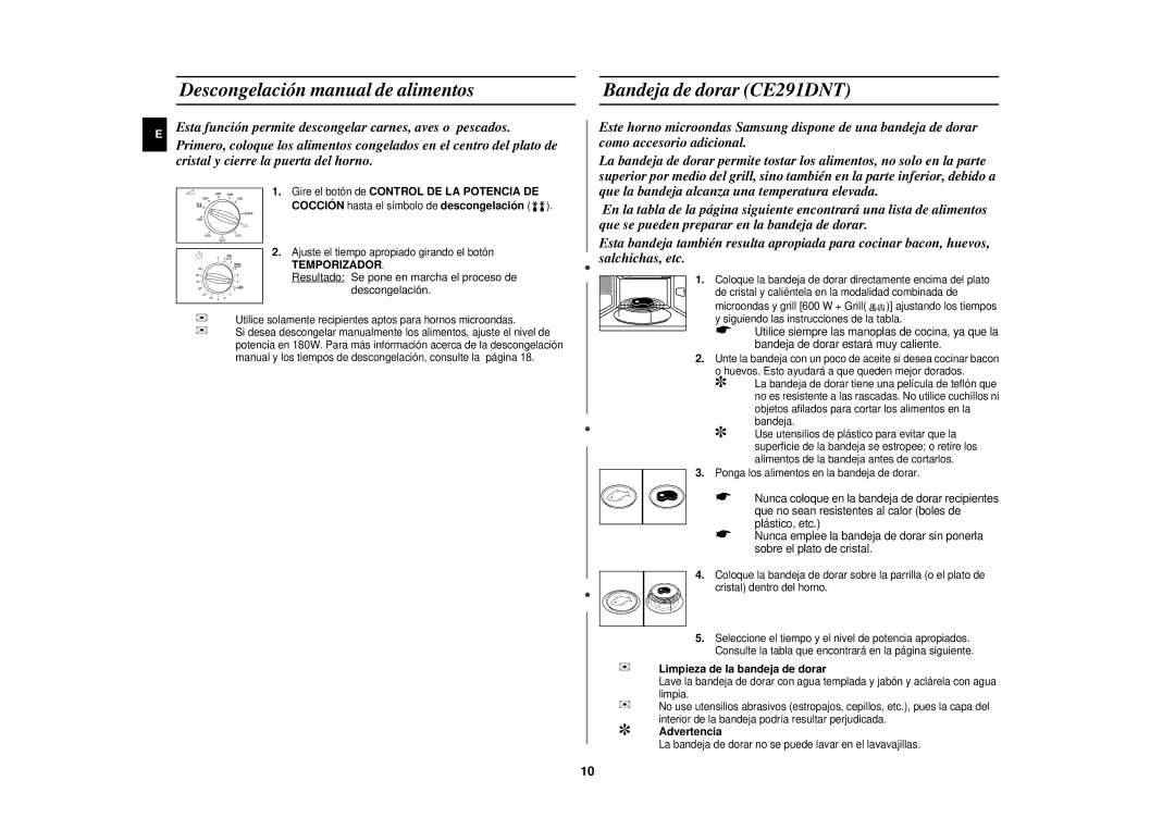 Samsung CE291DN-5/XEC Descongelación manual de alimentos, Bandeja de dorar CE291DNT, Limpieza de la bandeja de dorar 