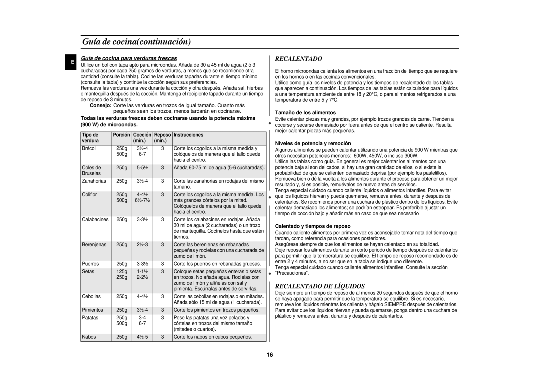 Samsung CE291DN-5/XEC manual Guía de cocinacontinuación, Recalentado DE Líquidos, Guía de cocina para verduras frescas 