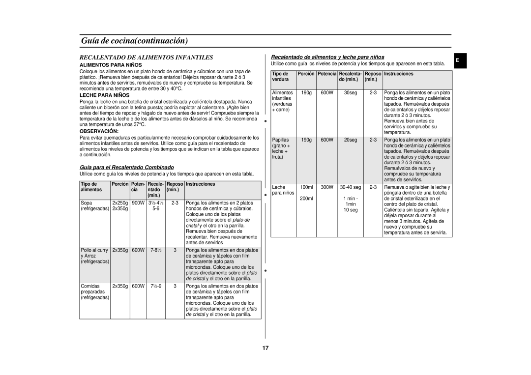 Samsung CE291DN-5/XEC manual Recalentado DE Alimentos Infantiles, Guía para el Recalentado Combinado 