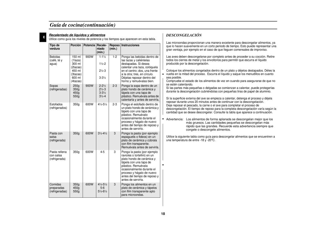 Samsung CE291DN-5/XEC manual Descongelación, Recalentado de líquidos y alimentos 